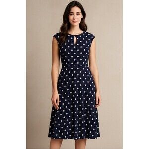 Lauren Ralph Lauren Navy Polka Dot A-Line Dress Size 6‎ Stretch Brunch Office